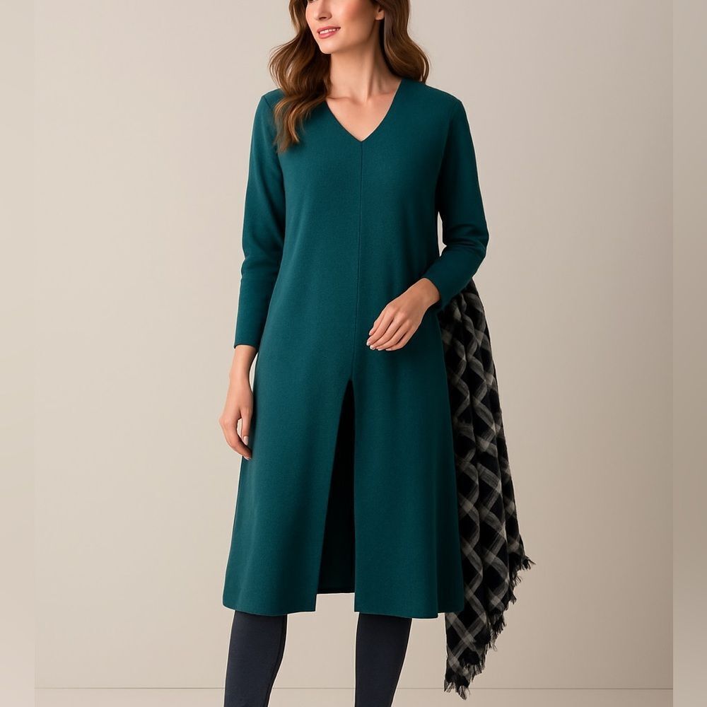 Charlie Paige Viscose Blend Teal V-neck Long Slit Sweater Tunic Size L